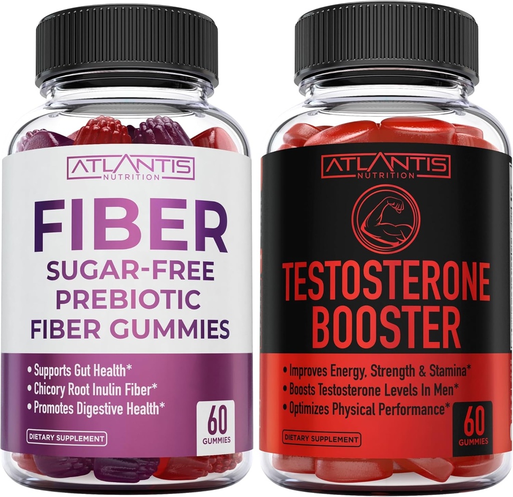 Atlantis Nutrition Sugar Free Prebiotic Pluošto Gummies 60 Gummies + Testosteronas Booster 2- Pack (120 Gummies)
