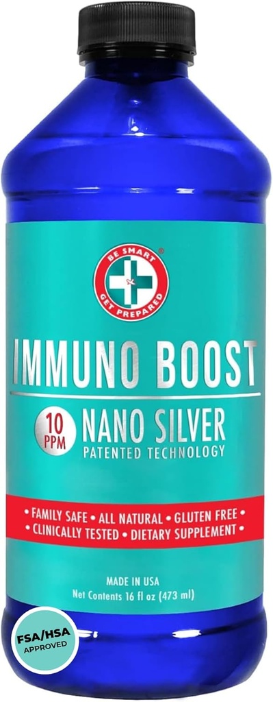 Soyez intelligent Préparez-vous Nano Silver Immuno Boost - 16 oz - Supplément immunitaire quotidien pour la famille - Sans gluten, végétarien - Fabriqué aux États-Unis
