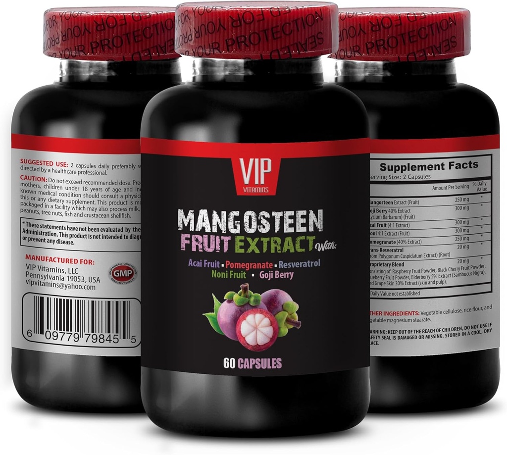 VIP VITAMINS Mangosteen, Mangosteen Extract - Mangosteen Fruit Extract - Acai Berry, Goji Berry, Pomegranate, Noni, Trans-Resveratrol, Elderberry Fruit, Grape Skin - 1 flaska 60 kapslar