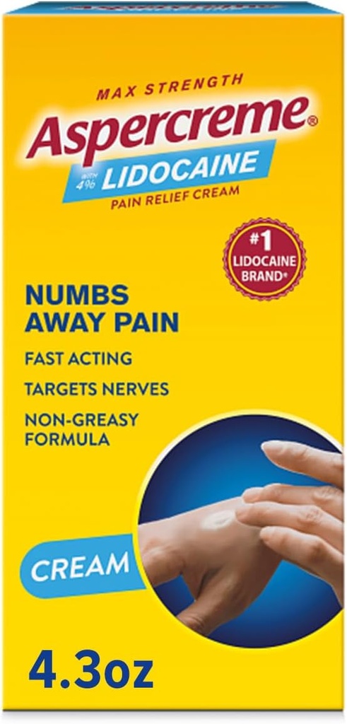 Aspercreme Lidokaīns Pretsāpju līdzeklis Cream Soothes Aggravated Nerves, Numbing Topical Analgesic ar Max- Strength 4% Lidokaīns & Mitrinoša Aloe, 4.3 Oz.