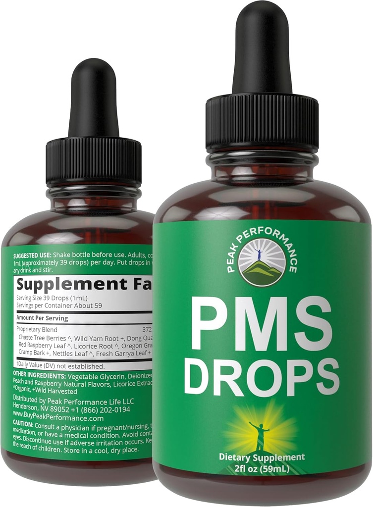 PMS Relief 9-in-1 Liquid Drops Supplement. 9 Herbal Ingredients to Support Period Cramps Pain for Women. Vegan, Zero Sugar Vitamins with Organic Chaste Tree Berries, Cramp Bark, Yam Root, Nettle Leaf