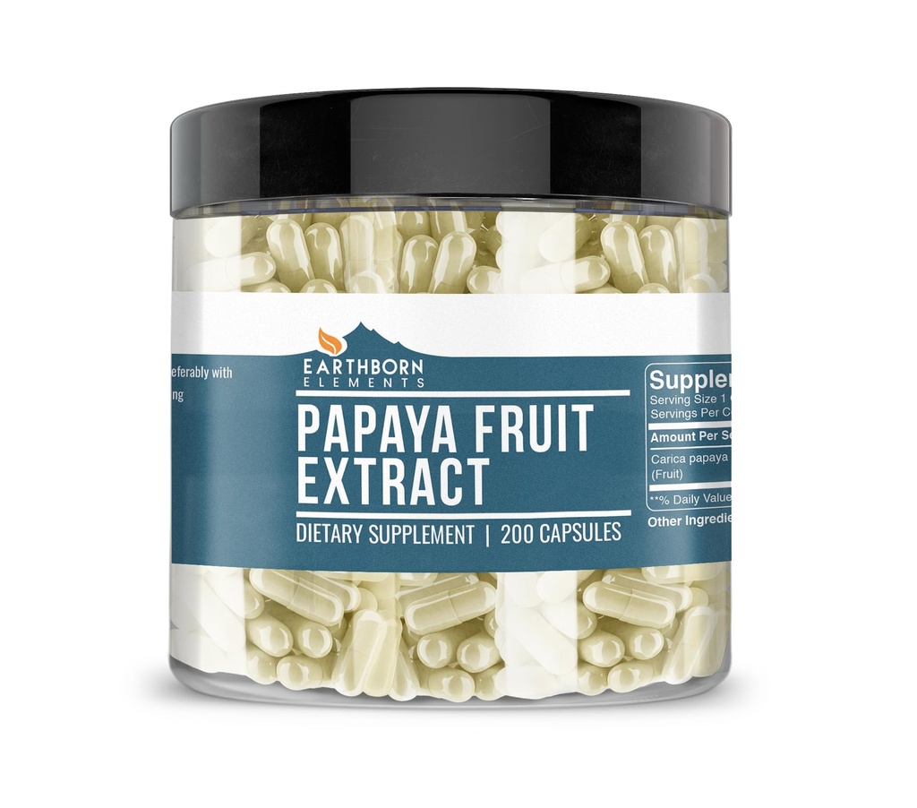 Earthborn Elements Papaya Fruit Extract 200 Capsules, Pure & Undiluted, No Additives