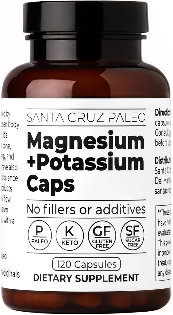 Santa Cruz Paleo Magnesio cápsulas de magnesio, 120 cápsulas, glicinato de magnesio e citrato de potasio, Gluten Free, Keto, Sugar Free, Paleo, para saúde xeral, cerebro, músculo, ósos e soporte enerxético.