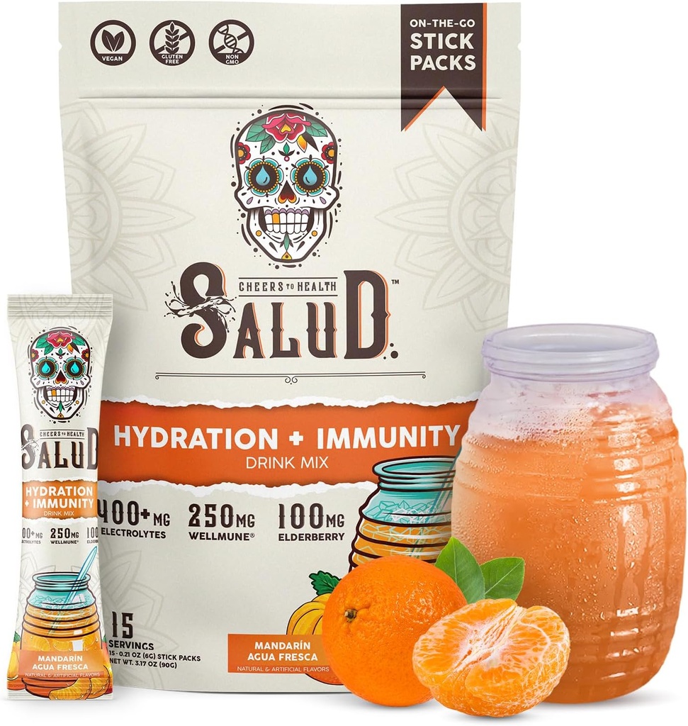 Salud 2-in-1 Hydration Packets + Имунитет Електролити прах, мандарин - Agual Fresca Drink Mix, Belderberry, Dairy & Soy Free, Non-GMO, Gluten Free, Vegen, Low Calorie, 1g Захар (15 Сервиз)