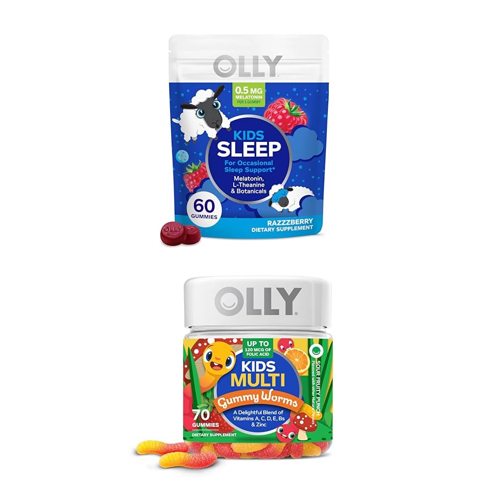 OLLY Kids Sleep Gummy, Melatonin, L Theanine, Chamomile, 60 Count and Kids Multivitamin Gummy Worms, Vitamins A C D E Bs Zinc, 70 Count