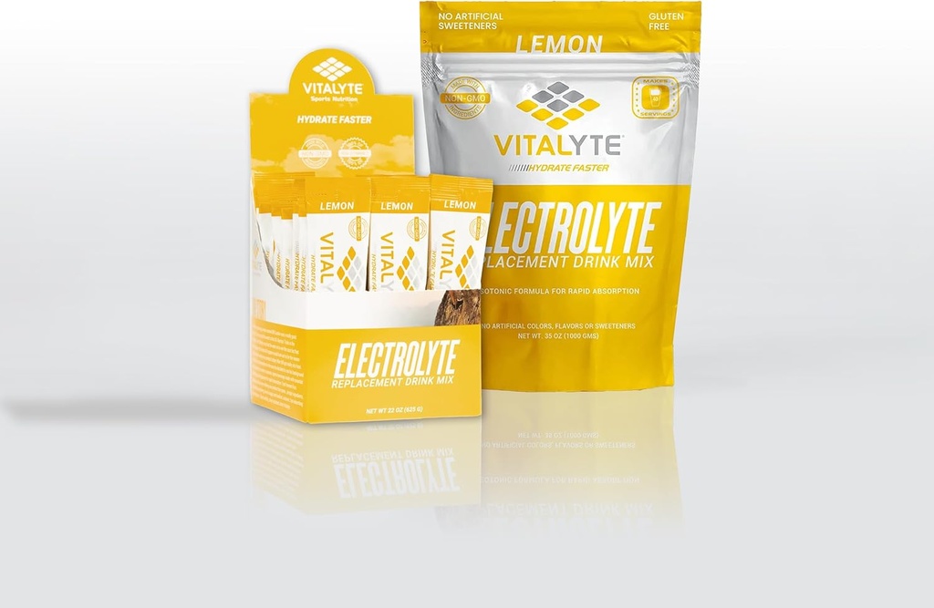 Vitalyte Electrolyte Powder Drink Mix Bundle, 1 Pouch Standup + 25 Count Packet, Gluten Free Post Workout Powder Drink Mix, Lemon Flavor