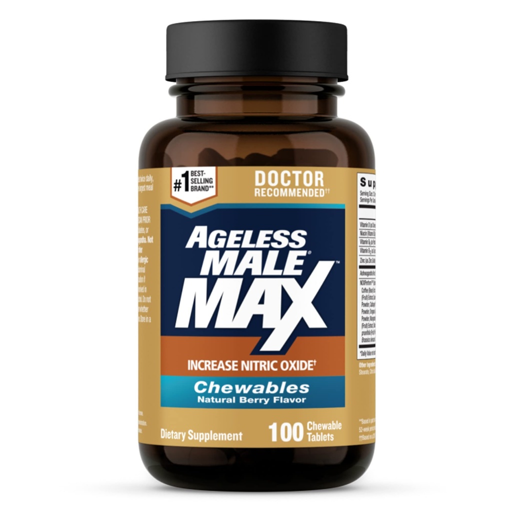 Ageless Male Max Chewable Nitric Oxide Booster Supplement for Men – High Potency Ashwagandha Extract to Boost Workouts, Muscle & Performance, Reduce Stress, Support Sleep - 100 Count