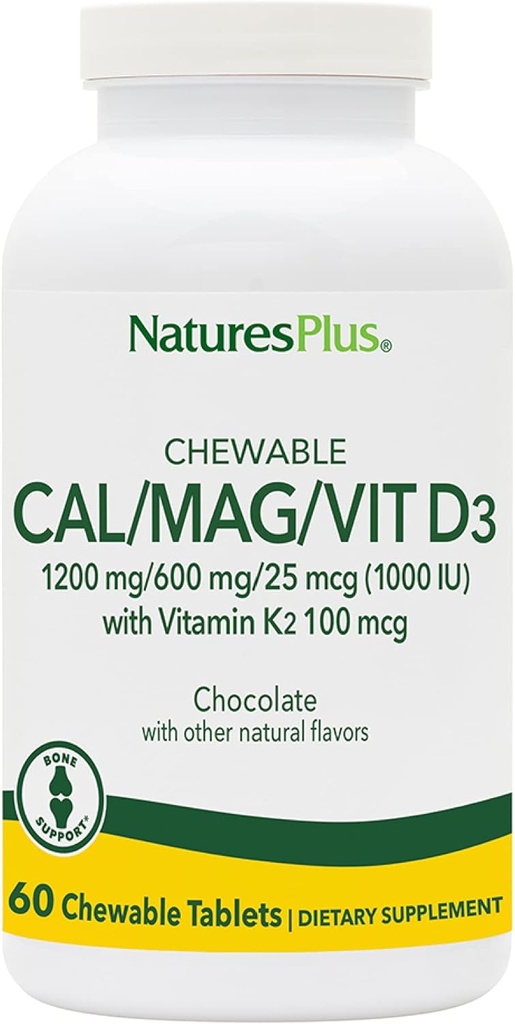 NaturesPlus Cal/Mag/VIT D3 com comprimidos mastigáveis de vitamina K2-60 - Flavor de Chocolate - Cálcio, magnésio, vitamina D3 e K2 Suplemento de suporte à saúde óssea - 30 Servings