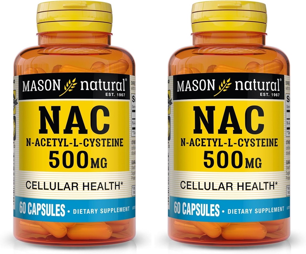 MASON NATURAL NAC N-Acetyl L-Cysteine 500 mg - Supports Cellular Health, Immune System Booster, for General Wellness, 60 Capsules (Pack of 2)