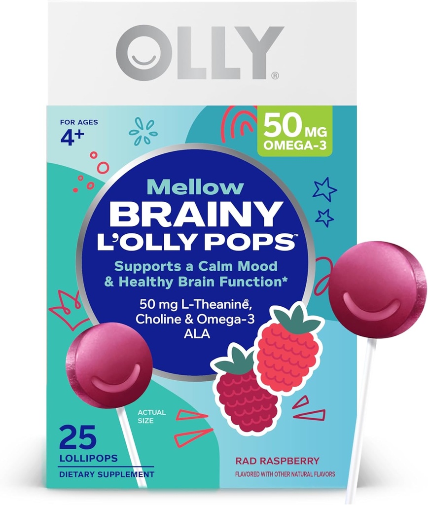 OLLY Mellow Buddies L 'OLLY Pops, L-Theanine, Cholina, Omega-3 ALA, Dzieci 4 + Suplement diety Lollipops, Wspiera spokojny nastrój i zdrowy mózg Funkcje, * Wegan, Malina zapachowy, 25 Count