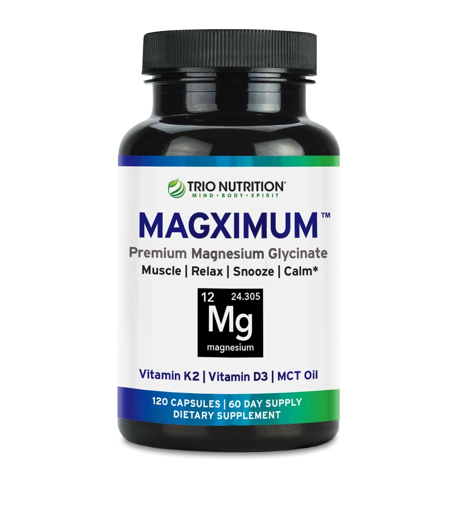 Trio Nutrition MagX Magnesium Glycinate, Vitamin D3, Vitamin K2 & MCT Oil | Chelated Magnesium Supplement | Calm, Relaxation & Recovery | Be Well Rested & Start Your Day with Magximum