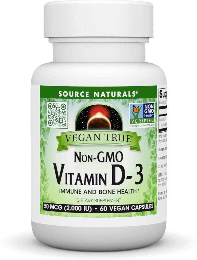 Fonte Naturals True Vegan, non GMO Vitamin D-3, Suplemento dietético para a saúde inmune e ósea, 2.000 IU - 60 cápsulas