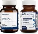 Metagenics Bundle - Zinc A.G. & D3 10.000 + K - 60 Tablet Zink A.G.-rako laguntza, hezur-osasuna, energia- Metabolismoa - 60 Softgel D3 10.000 + K laguntzarako, bihotzaren osasuna