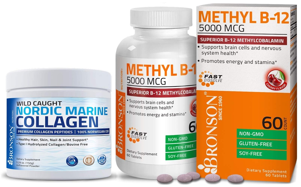 Bronson Marine Collagen Peptides Hydrolyzed Protein Powder + Methyl B12 5000 mcg Vitamin B12 Methylcobalamin