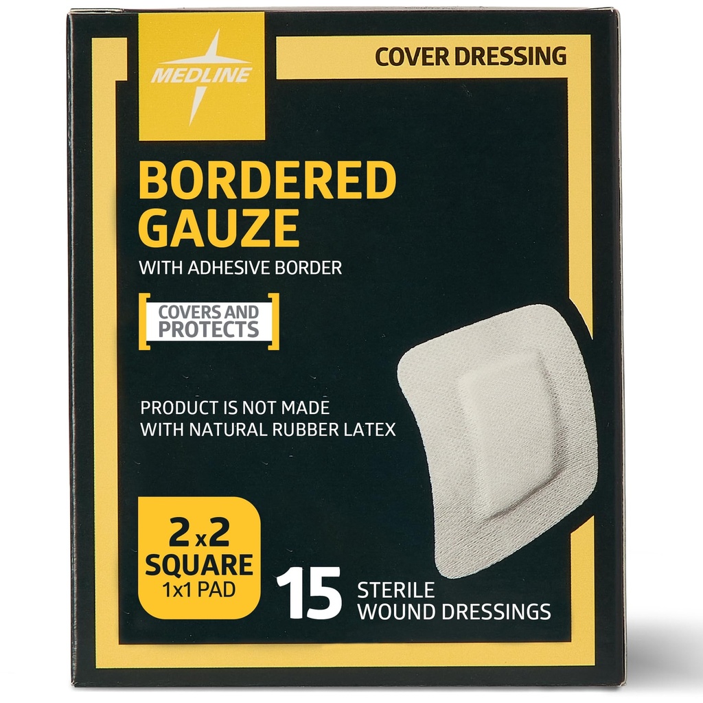 Medline Bordered Gauze, 2" x 2" Adhesive Island Wound Dressing, Sterile, 15 Count