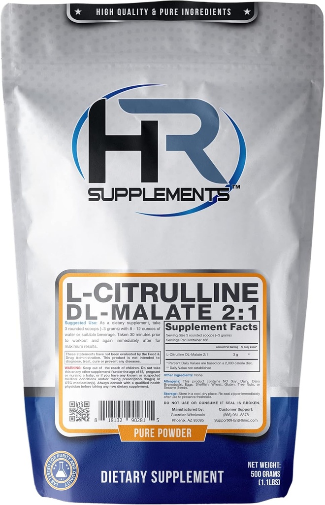 Suplimente HR L-Citruline DL-Malat 2:1 Pulbere, 500 Grams (1.1 Lbs), Nearomate, Lab-Testat, Scoop Inclus
