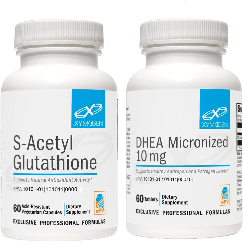 XYMOGEN DHEA 10mg (60 Tablets) + S Acetyl Glutathione (60 Capsules) 2-Piece Bundle - Micronized DHEA + Superior Absorption Acetylated Glutathione Supplement to Support Healthy Aging