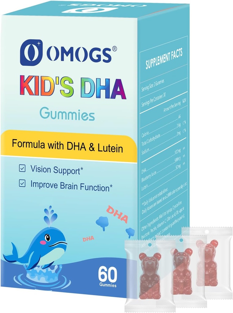 OMOGS Children's DHA Blueberry Flavored Gummies, med Lutein, Omega-3 & Vitamin C Algae DHA, for øye helse, hjerne helse og sunn immunitet, Glutenfri, Vegan, 60 Gummies.