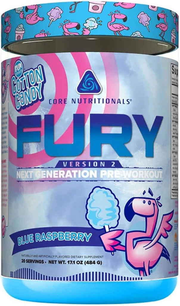 Core Nutritionals Fury V2: po pre-adestramento para maximizar o rendemento na cafeína Gym W/Zum-XR®, L-CItruline e Alpha GPC (40 Scoops) (Fun SweetsTM Blue Raspberry)