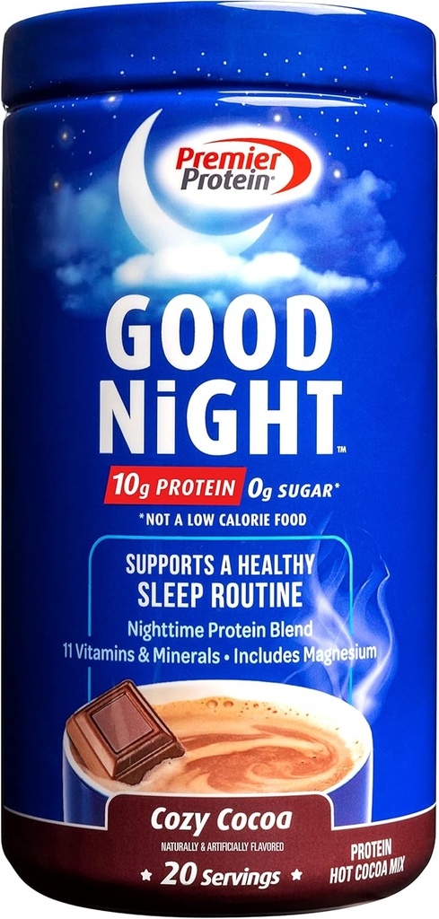 Premier Protein Good Night Protein Powder, Hot Cocoa Barreja, 10g Protein, 0g Sugar, 11 Viadals i Mines, Night time Protein, Magnesi, Zinc, 20 Serve, 1 Tub