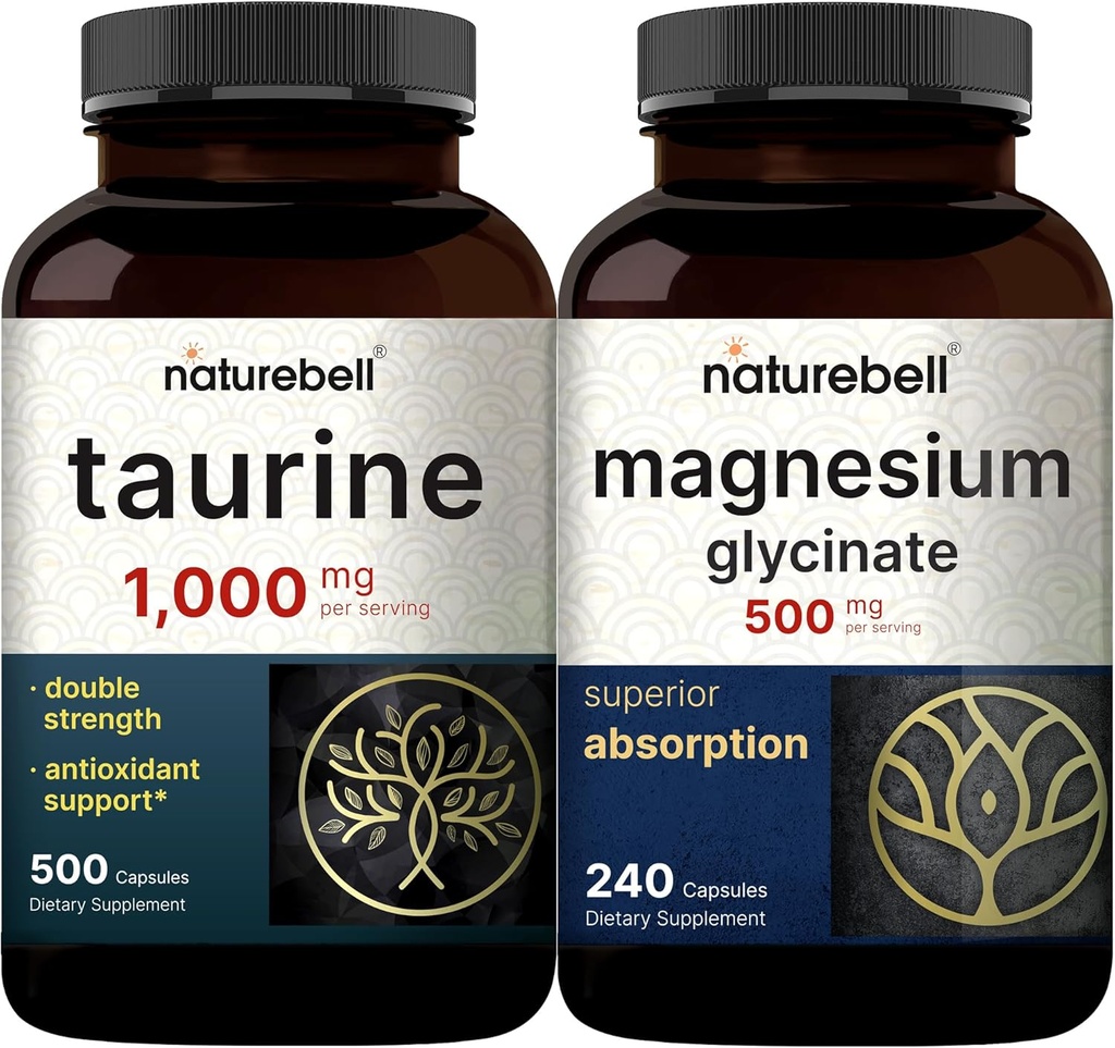 NatureBell Magnesium Glycinate Capsules 500mg & Taurine Capsules 1000mg Per service Bundle Pack | Chelated & 纯化矿物 | 基本氨基酸补充剂