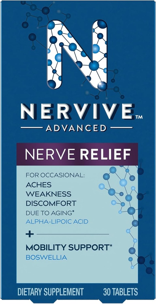 Nervive Advanced Nerve Relief + Mobility, with Alpha Lipoic Acid to Help Reduce Nerve Aches, Slaft, & Discomfort * † and Boswellia to Promote Mobility *, Витамини B12, B6,B1, 30 таблетки