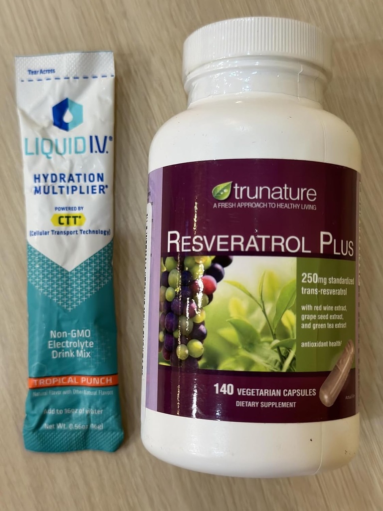 HealthEmpire Costco Trunature Витамини Bundle, Resveratrol Plus 140 Вегетариански капсули и течни I.V. Хидратация Мултипликатор 1 Stick Packed Poly Bag (1)
