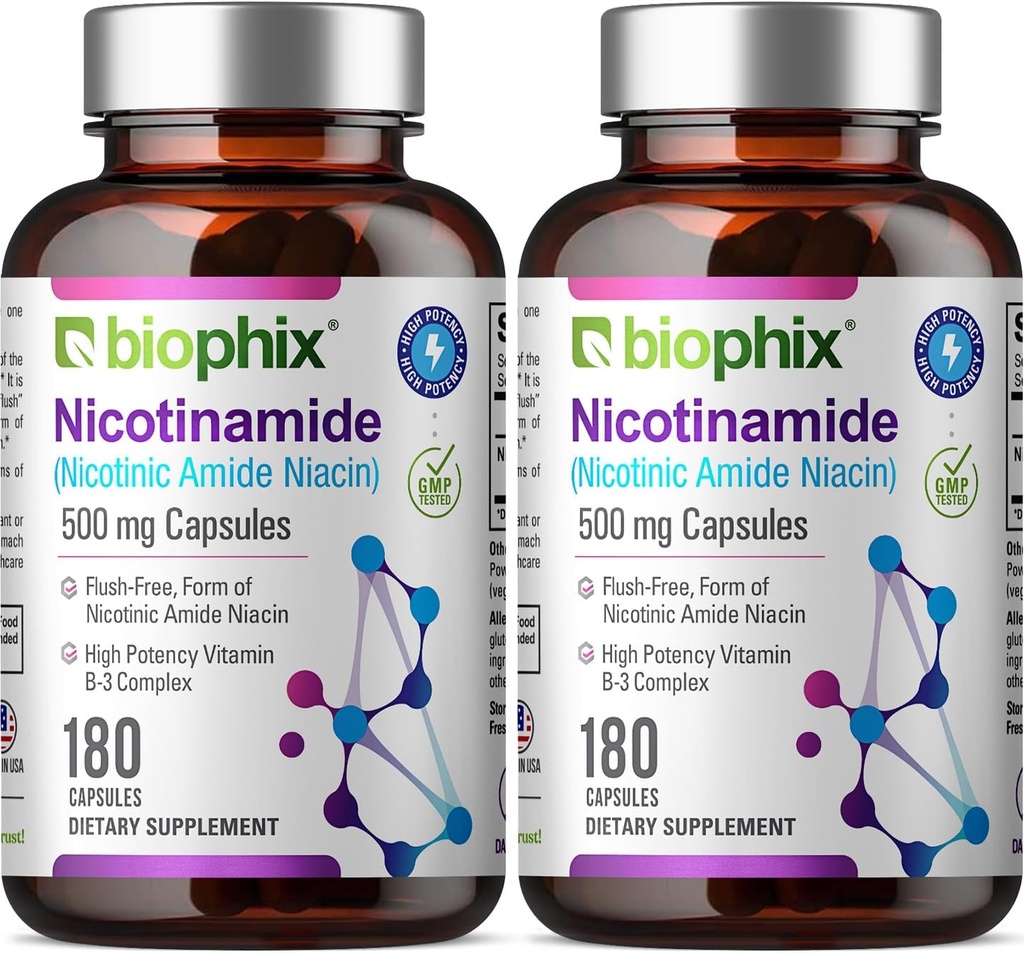 Biophix B-3 Nicotinamide 500 mg 180 Caps 2 Pack - Nicotinic Amide Niacin Natural Flush-Free bitamina Formula - Skin Cell Health onartzen du