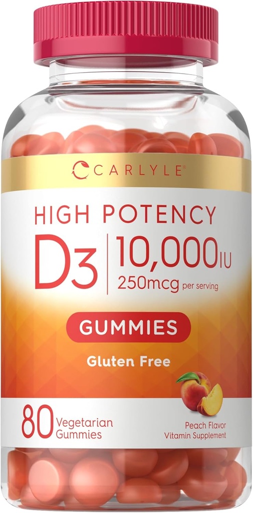Carlyle Vitamin D3 10000iu Gummies for Adults | 80 Count | Peach Flavored Gummy | Высокая потенция для женщин и мужчин | Вегетарианская, не-ГМО, безглютеновая добавка