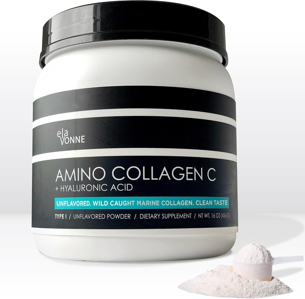 Amino Colagen C cu acid hialuronic (60 Servings   16oz  456g) - Colagen Peptide non-GMO marine - Pulbere hidrolizată - fără aromă - fără zahăr - pentru piele fermă, hidratare, articulații sănătoase și gută.