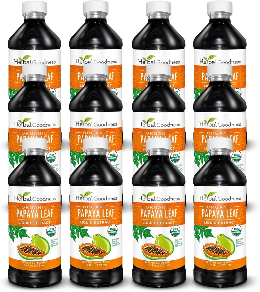 Papaya Leaf va extreure el suport de sang Platelet - 15X La força - Missellet Booster Natural i Aid - Appia Orlandical Extrac - 16oz Juice - Cass Qty (12) - Hebal Goodness