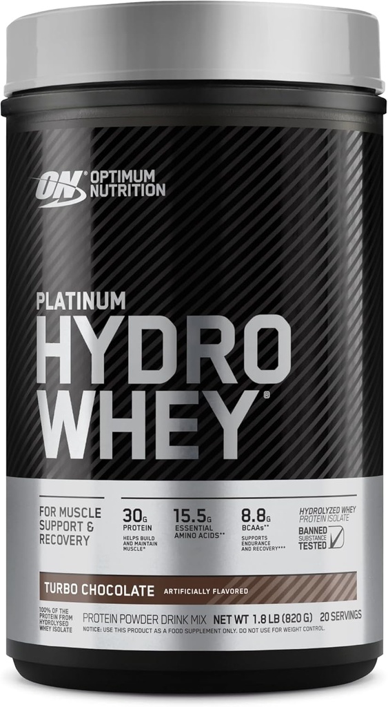 Optimum Nutrition Platinum Hydrowhey Protein Powder, 100% Hydrolyzed Whey Protein Isolate Powder, Sabor: Turbo Chocolate, 20 Servings, 1.8 Pounds (Packaging May Vary)