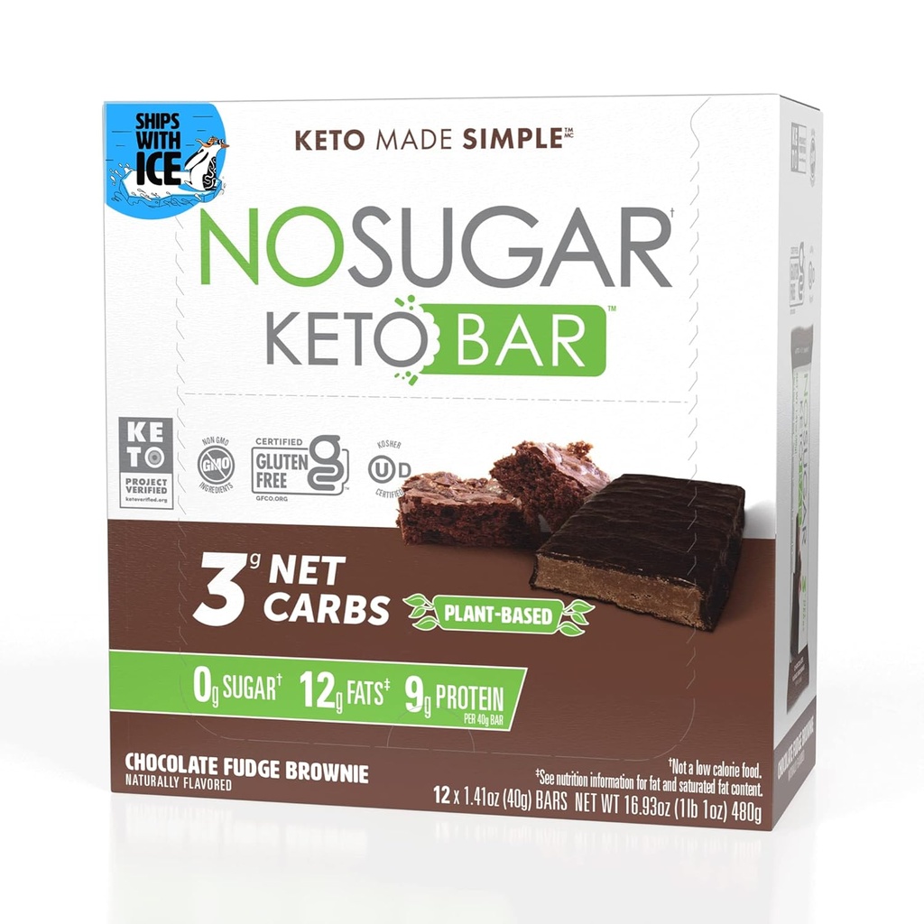 No Sugar Keto Bar Snack, Fudge Brownie, 12 x 1.41oz Bares - Baixo Carb Sem Açúcar Keto Snack Comida com Keto Friendly Macros, 3g de Carb Net, 9g de proteína baseada na planta, 13g de gordura saudável, Açúcar livre (0g)