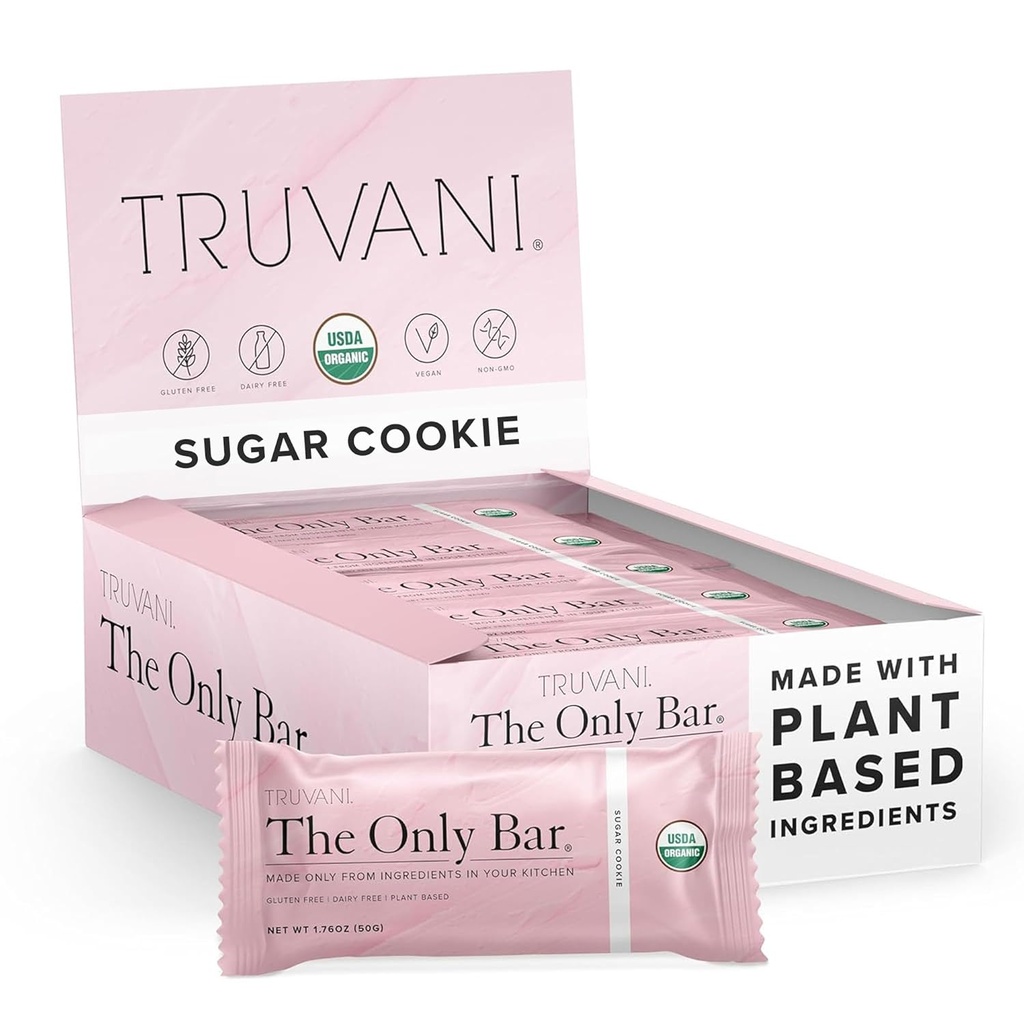 Truvani Plant Based Snack Bars | Sugar Cookie 12 Pack | 6g Protein | USDA Organic and Vegan | The Only Bar | Dairy, Soy, and Gluten Free | Individually Wrapped