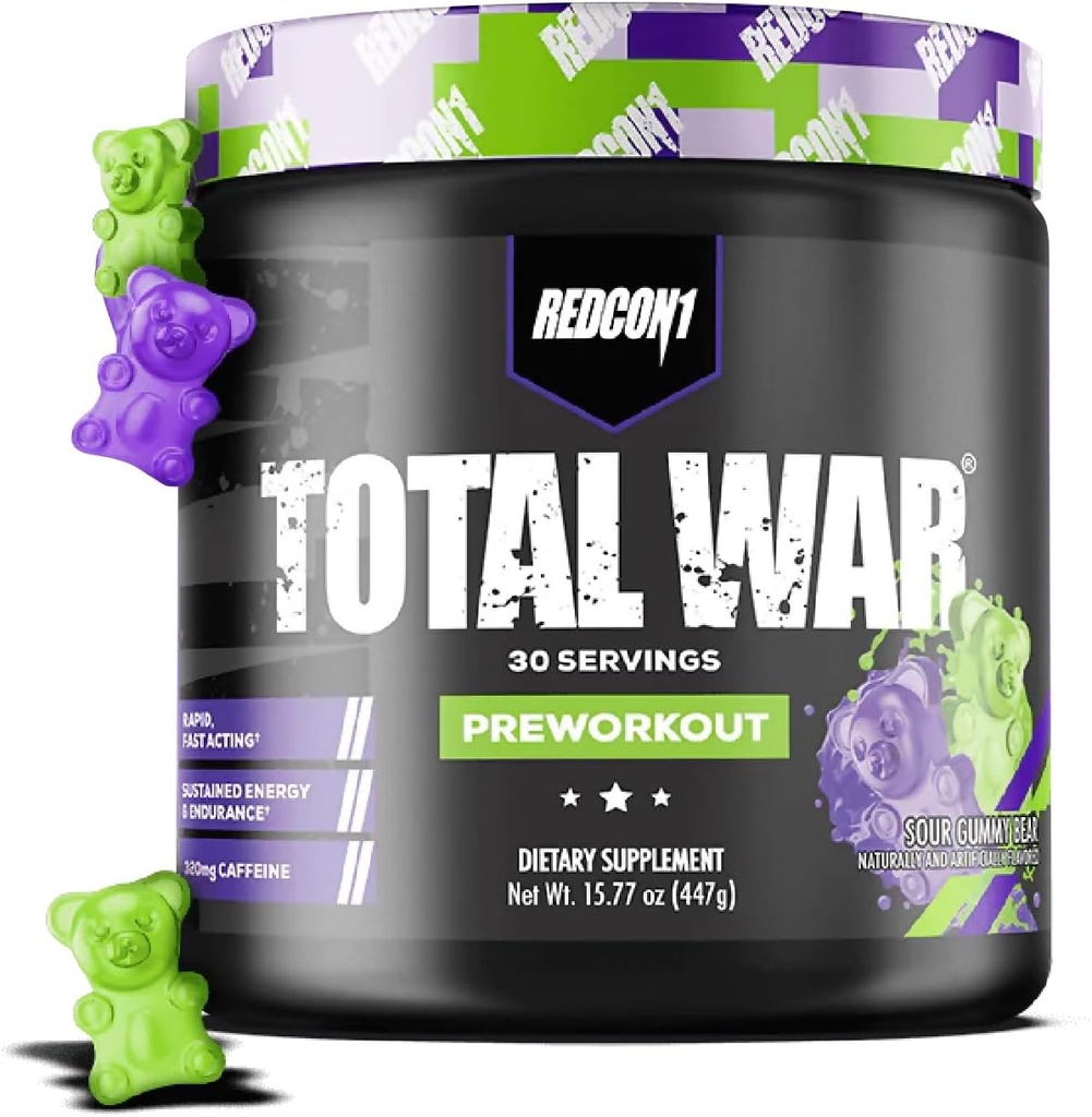 REDCON1 Total War Pre Workout, Sour Gummy Bear - Fast Acting Caffeinated Preworkout per gli uomini + le donne con Beta Alanine - Contiene Citrulline Malate per la pompa aumentata, flusso sanguigno (30 Serve)