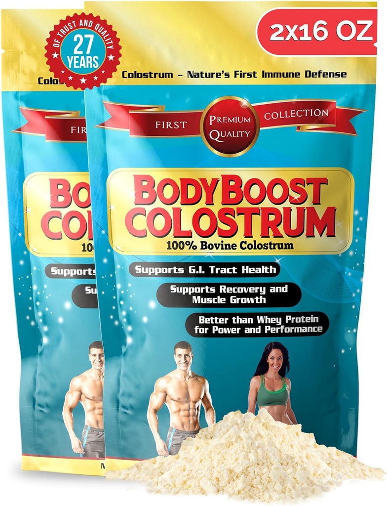 BodyBoost Colostrum Hele, 100% Bovine Colostrum pulver, Immun Booster Supplement med immunglobulin & Lactoferrin, Grass Fed Colostrum, Gut Helse, Diverse Intake, 2x16 oz