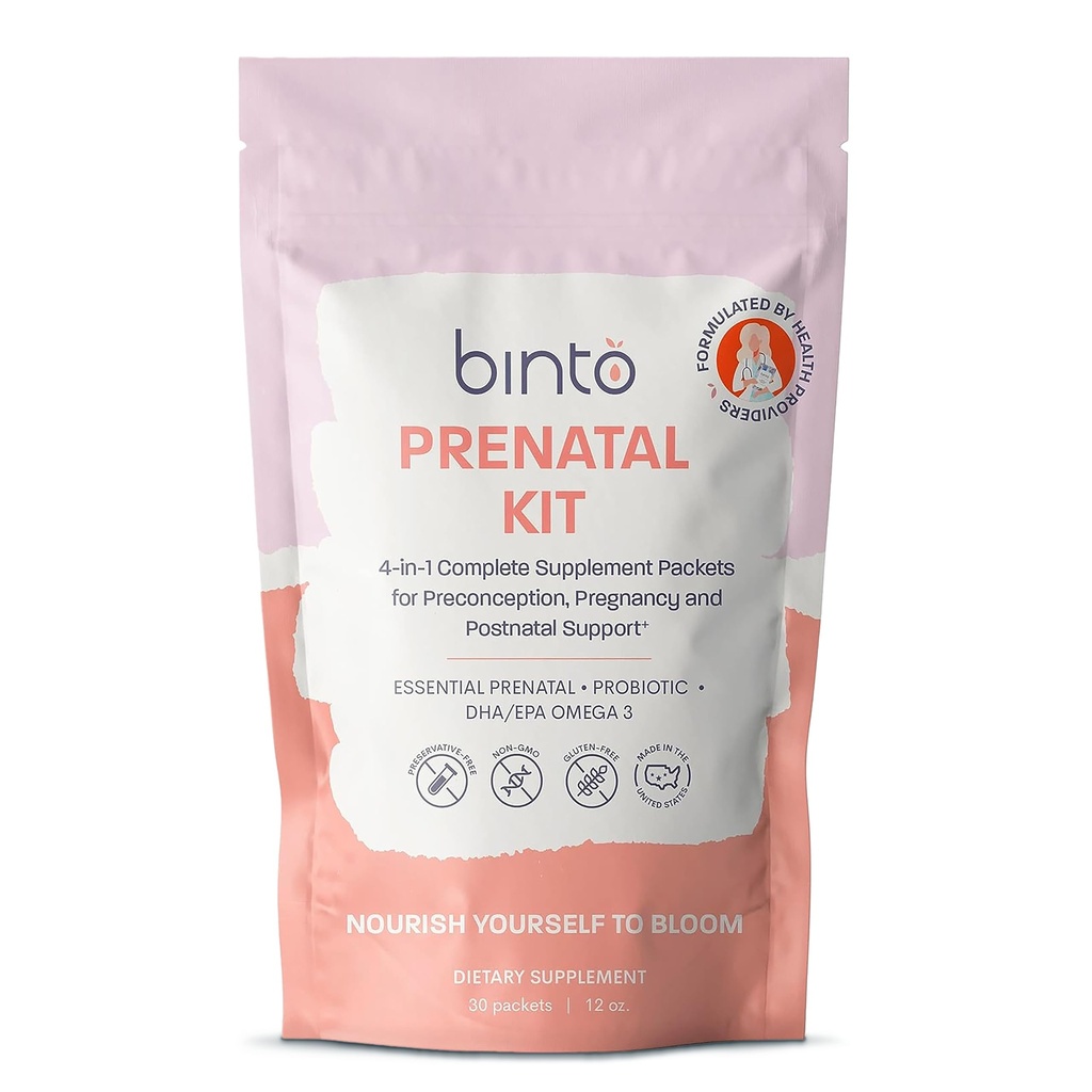 Binto Prenatal Kit - 4-in-1 Supplements for Healthy Mom & Baby - 30 Day Supply - Multivitamin, Probiotics, Iron, DHA, Methylated Folate & Folic Acid - Non-GMO, Gluten-Free, Vegetarian