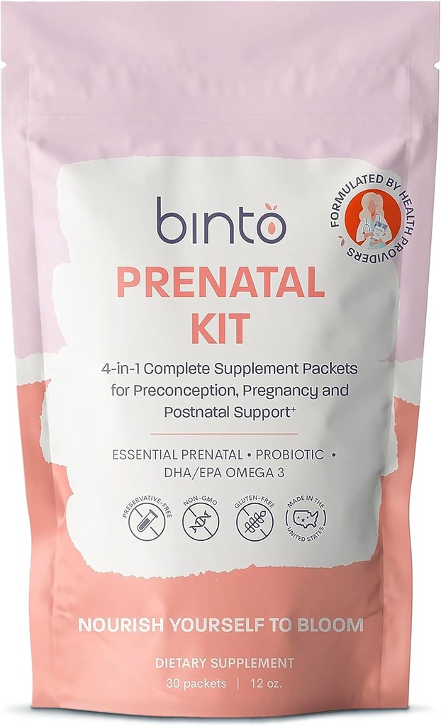 Kit prenatal Binto - 4in-1 Suplementos para nai e bebé saudables - Oferta de 30 días - Multivitamínico, Probióticos, ferro, DHA, Folato Metilado e ácido fólico - Non-GMO, Gluten-Free, Vegetariano