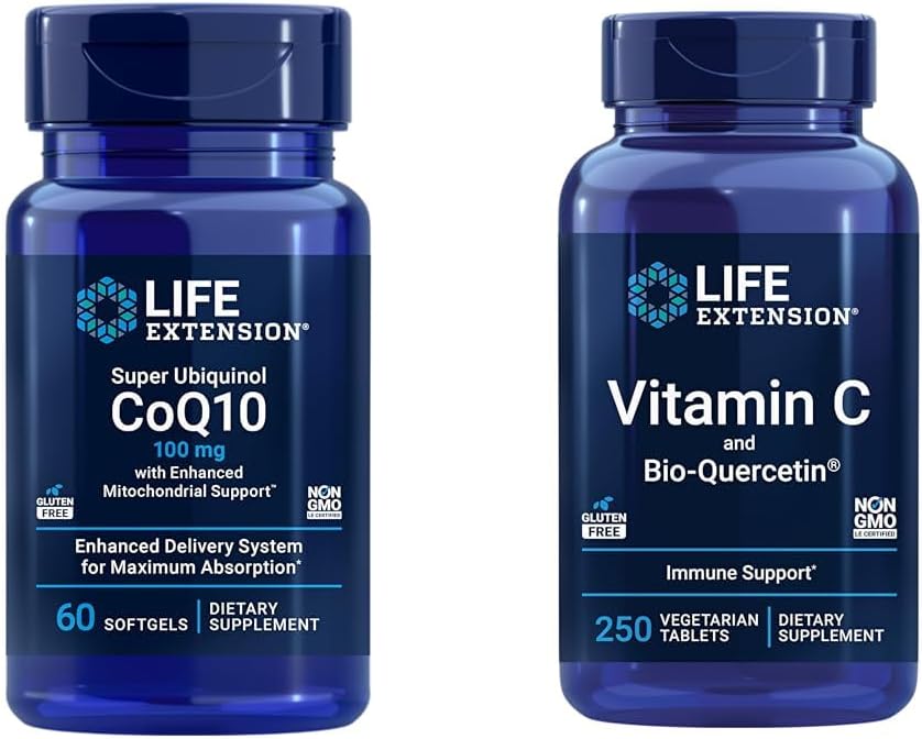 Life Extension Super Ubikinol CoQ10 60 Softgels és C-vitamin & Bio- Quercetin Phytosome 250 Tabletta Bundle for Heart, Cellular Energy, Immun & Teljes egészségügyi támogatás
