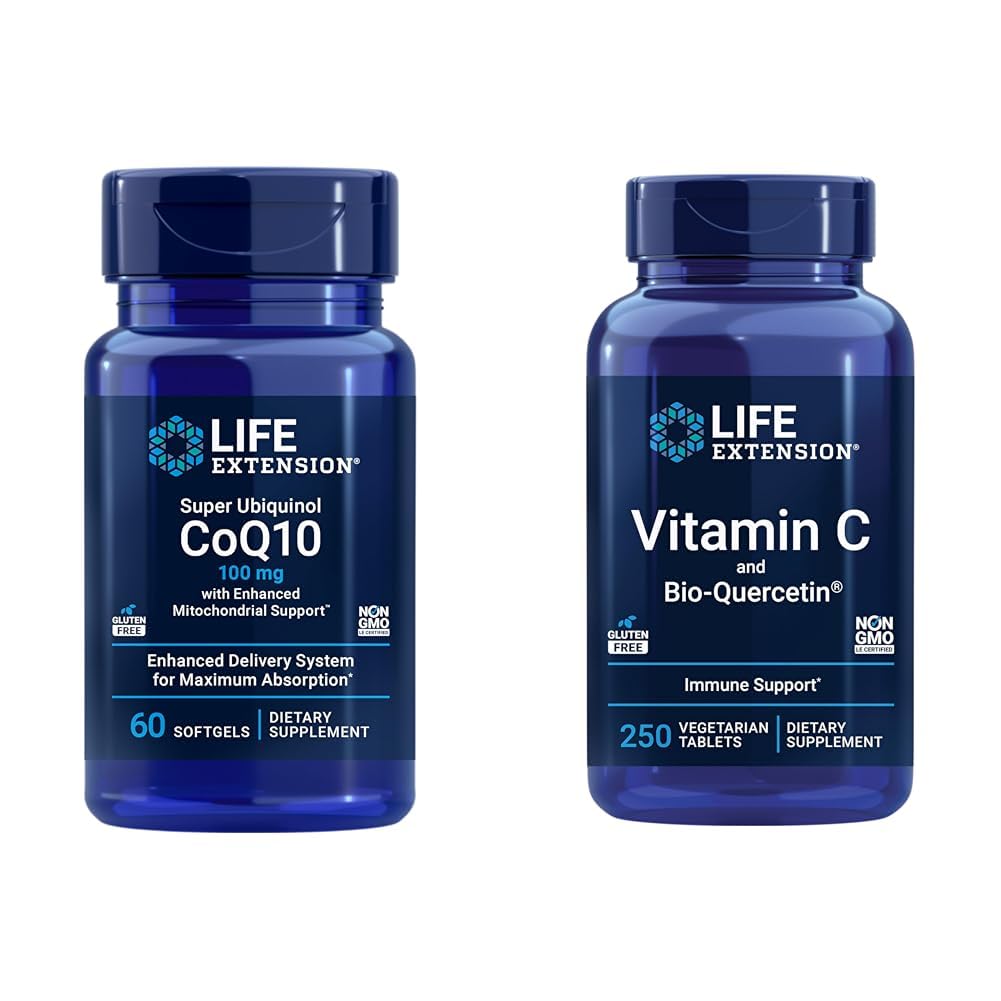 Life Extension Super Ubiquinol CoQ10 60 Softgels and Vitamin C & Bio-Quercetin Phytosome 250 Tablets Bundle for Heart, Cellular Energy, Immune & Overall Health Support