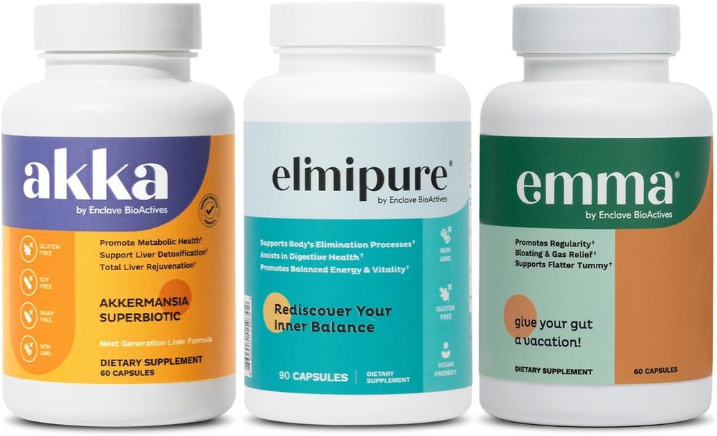 Emma Gut Health & Elimipure Gut Cleanse & Akka Liver Cleanse – 3-in-1 Detox Bundle per bilancia digestiva, Regolarità e supporto Metabolismo | Supporta l'eliminazione dei rifiuti & Microbiome Salute