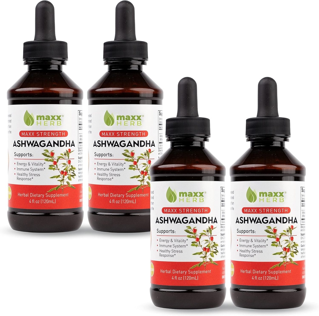 Maksx Herb Ashwagandha özü - Max Strength Liquid Tincture Absorbs daha ya Toz daha yaxşı - Stamina, Memory və Immune Support üçün - 4 Şüşə, 4 Oz Hər bir (240 Xidmət)