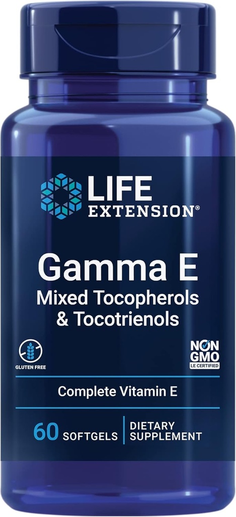 Rozszerzenie życia Gamma E Mieszane Tokoferole i Tokotrienole - Kompletny Witamina E Spectrum, Ochrona przeciwutleniaczy - Nie- GMO, Gluten- Free - 60 Softgels