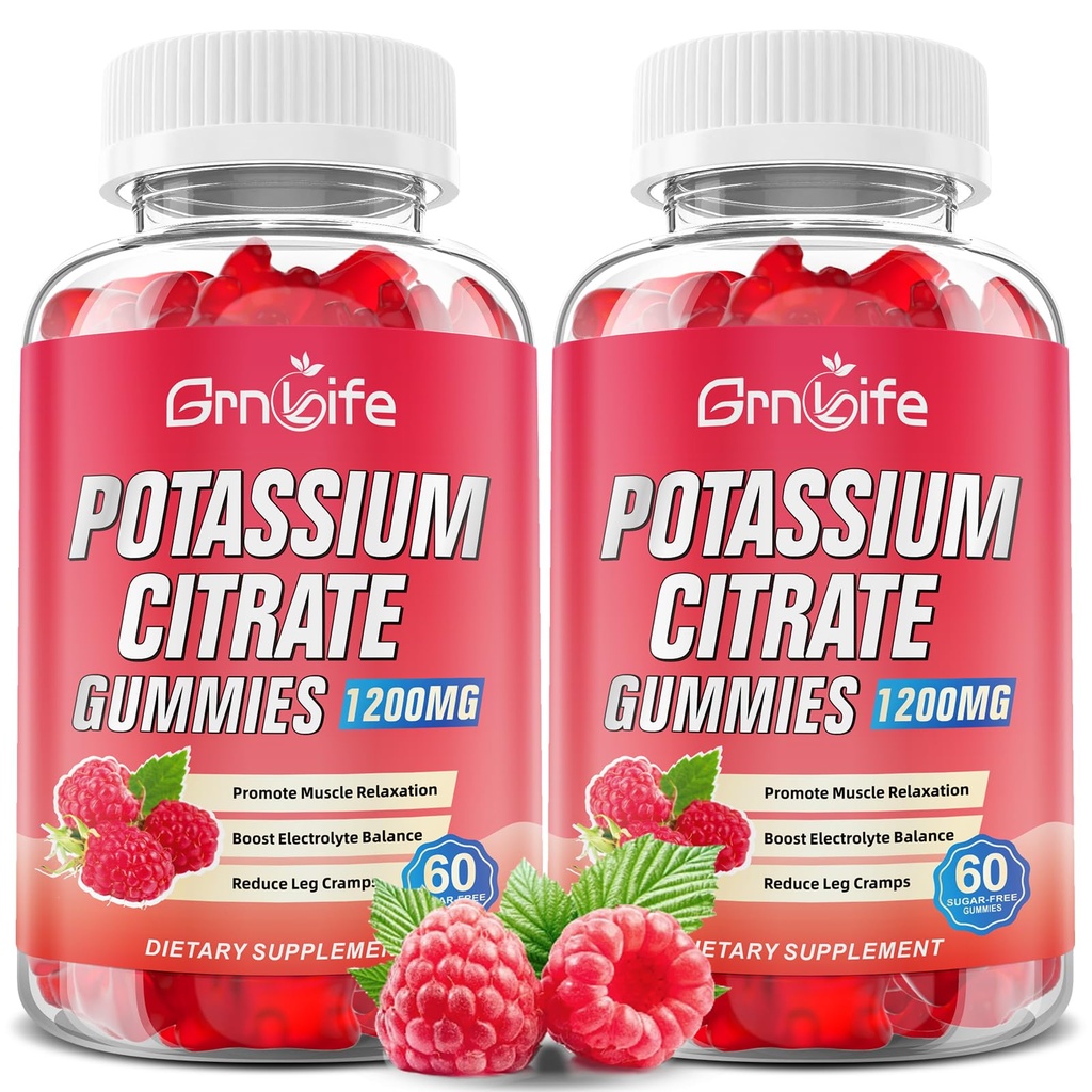 2 Pack Potassium Citrate Gummies, High Potassium Supplement 1200mg Support Leg Cramps & Muscle Health, Potassium Gummies for Adults & Kids, Vegan, Raspberry Flavor 120 Count