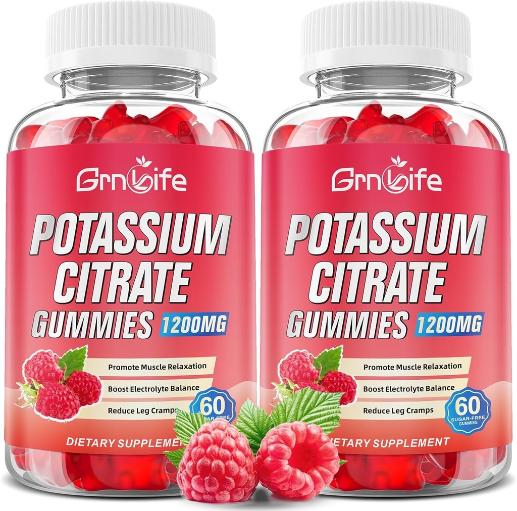 2 Pack Potassium Citrate Gummys, High Potassium Supplement Gummys 1200mg 支持腿板和肌肉健康, 成人和孩子的钾 Gummys, Vegan, Raspberry Flavor 120 Count