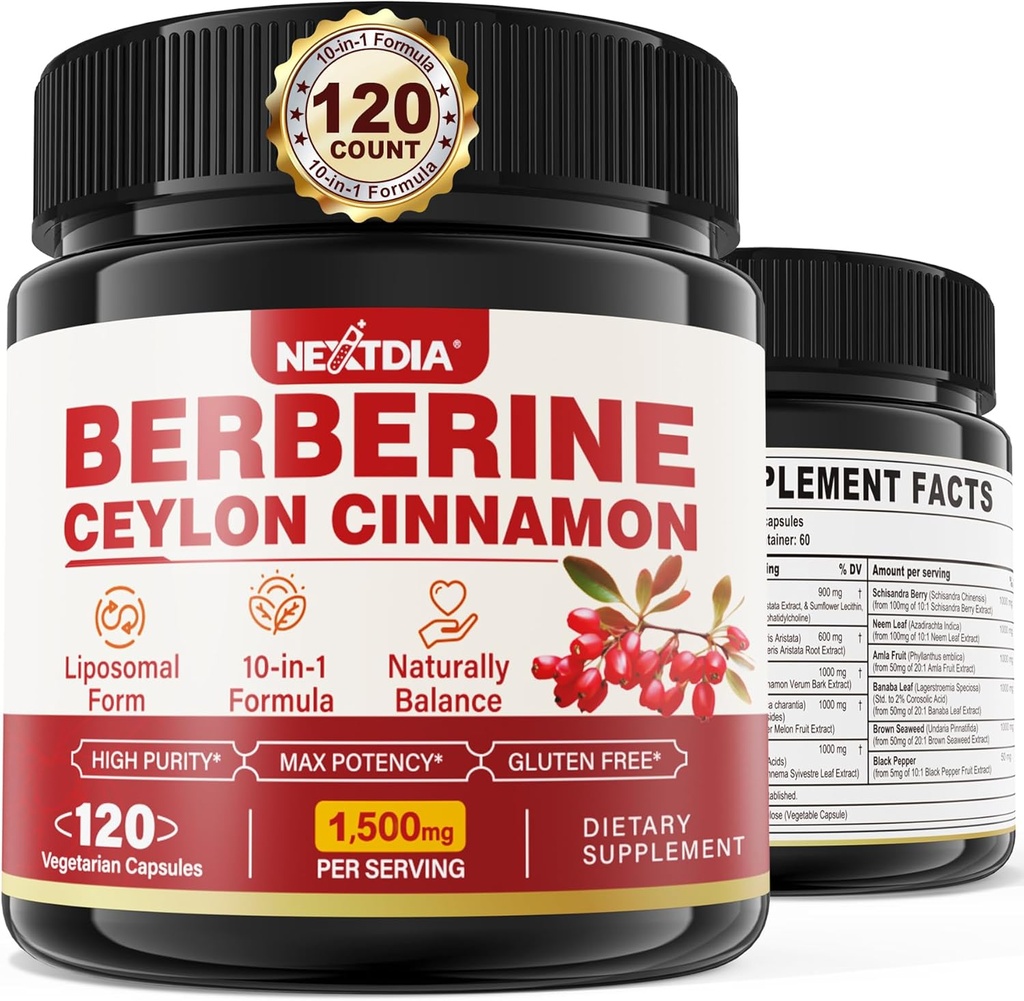 Berberine osagarria 1500mg Organikoa Ceylon Cinnamon Bitter Melon, Liposomal Berberine HCL Complex osagarriak, Immune & Digestive Support - Ez-GMO, Organikoa, Vegan Berberine kapsulak 120Cts