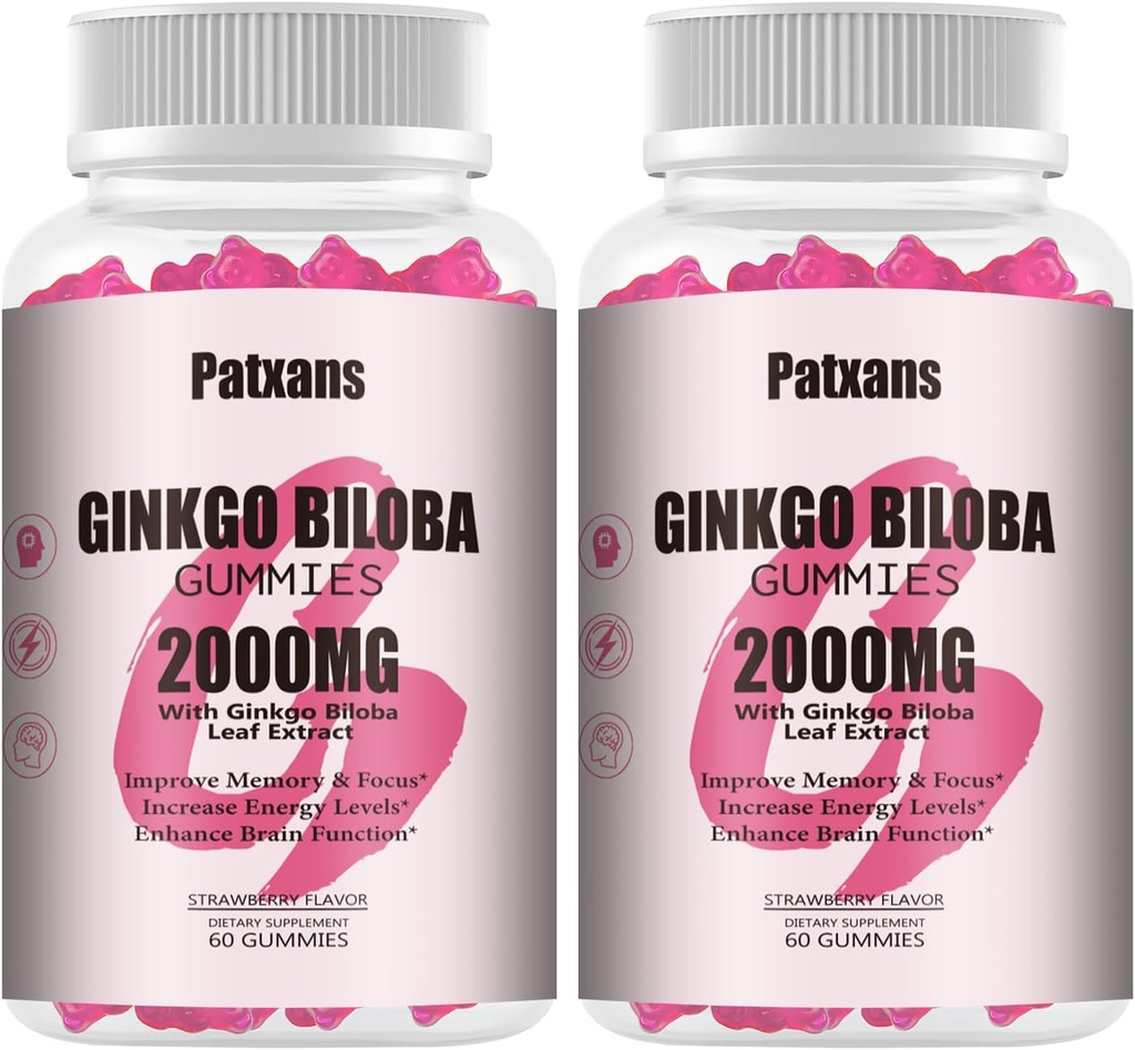 2 Packs 2000mg Ginkgo Biloba Gummies - Ginkgo Biloba Brain Health Support, Mood və Focus, Energy, Adult, Strawberry Flavor, 120 Count