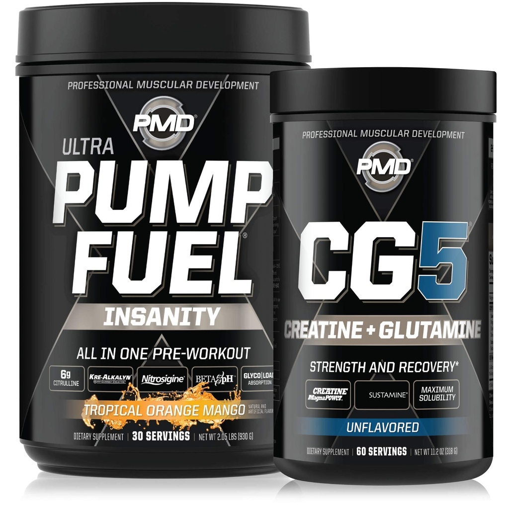 PMD Sports Ultra Pump Fuel Insanity - Pre Workout - Tropical Orange Mango (30 Servings) Sports CG5 Premium Creatine and L-Glutamine Powder (60 Servings)