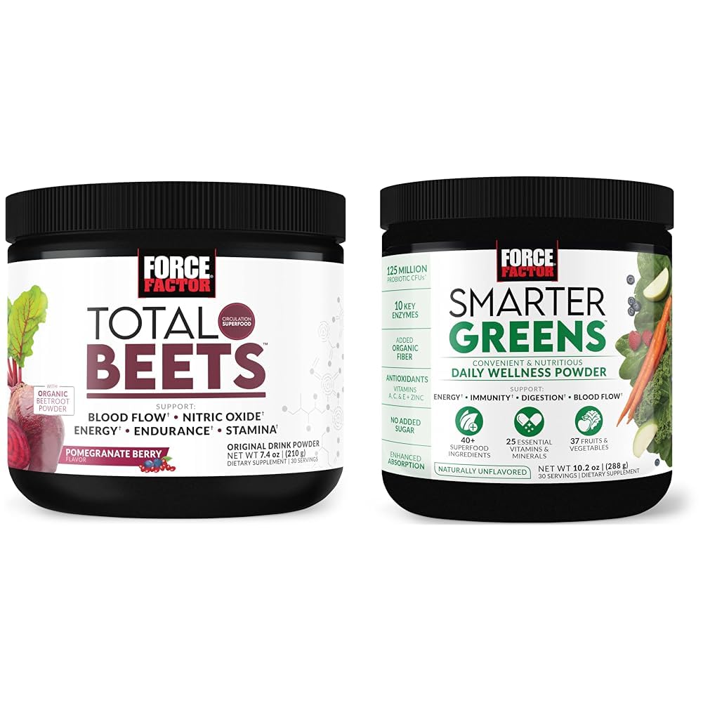 Force Factor Total Beets Drink Mix Superfood Powder with Nitrates to Support Circulation,Blood Flow & Smarter Greens Daily Wellness Powder to Support Energy, Immunity & Digestion