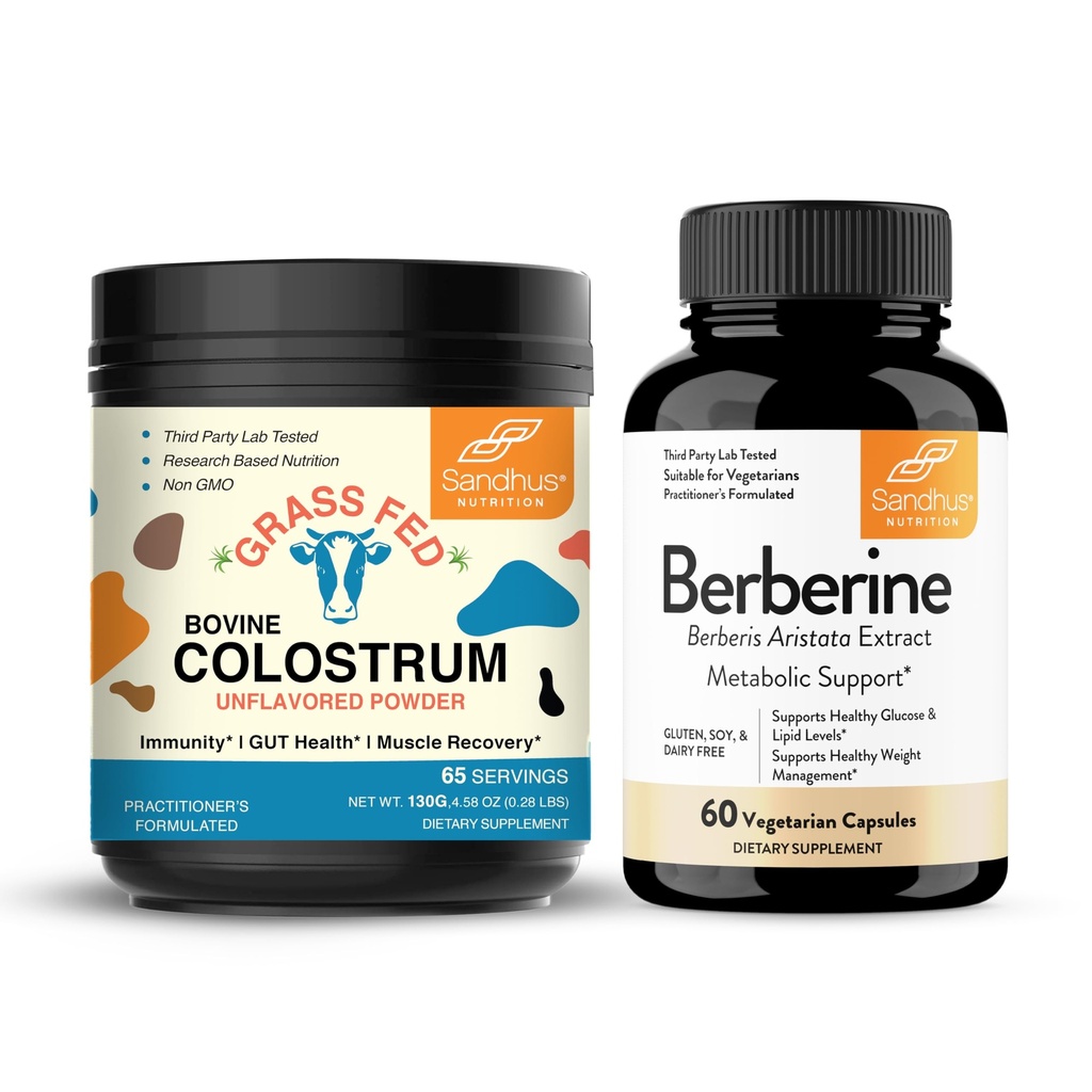 Sandhu's Pure Bovine Colostrum Powder Supplement for Humans & Berberine HCL Supplement 500mg per Capsule| Supports Immune, Gut, Muscle & Healthy Energy Levels| Non-GMO